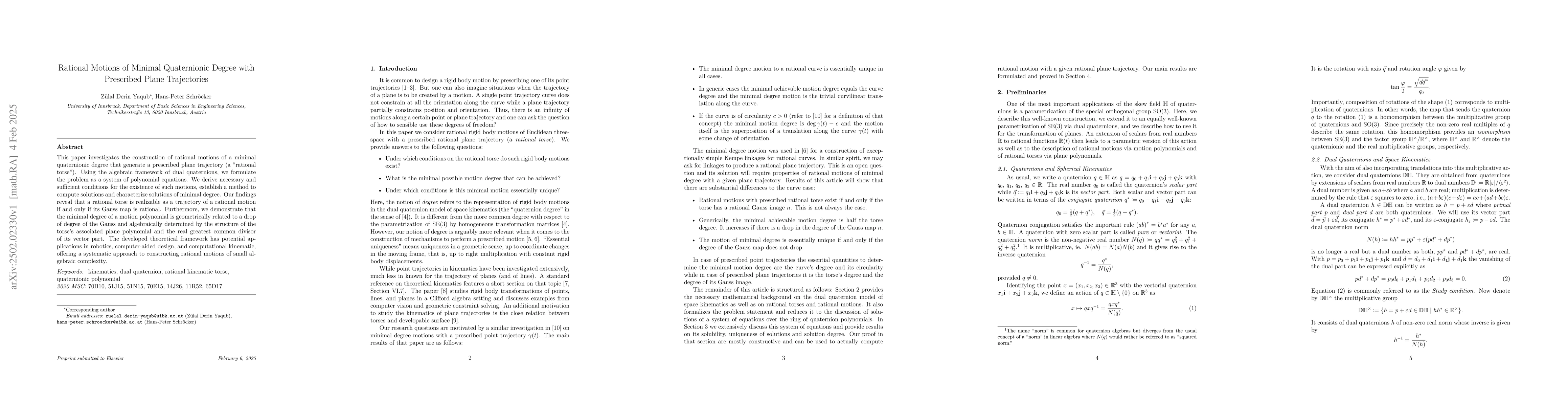 Thumbnail for Rational Motions of Minimal Quaternionic Degree with Prescribed Plane
  Trajectories