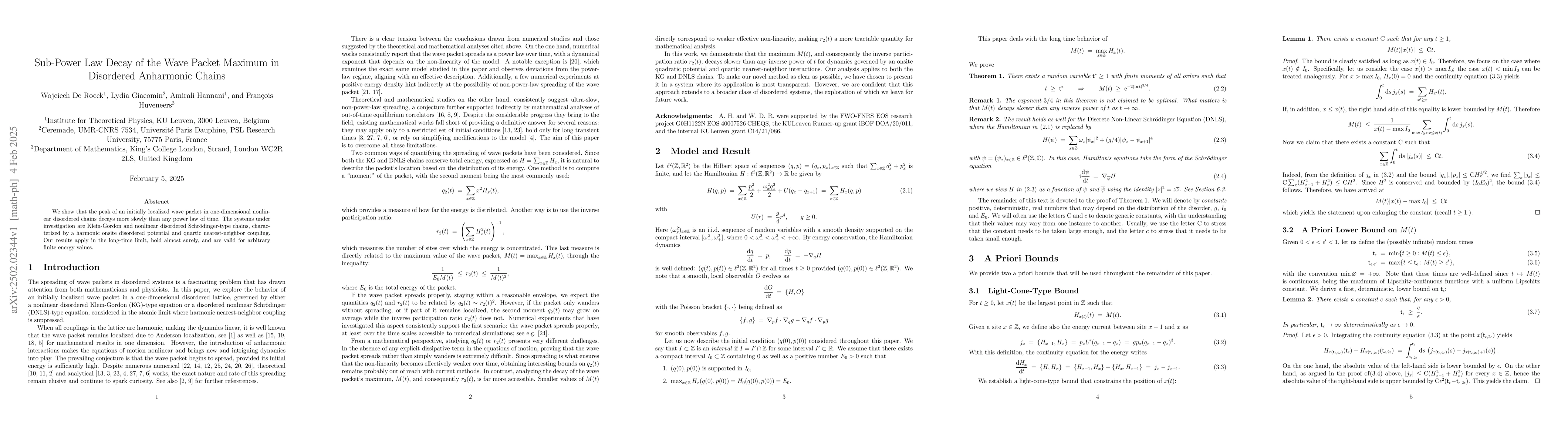 Thumbnail for Sub-Power Law Decay of the Wave Packet Maximum in Disordered Anharmonic
  Chains