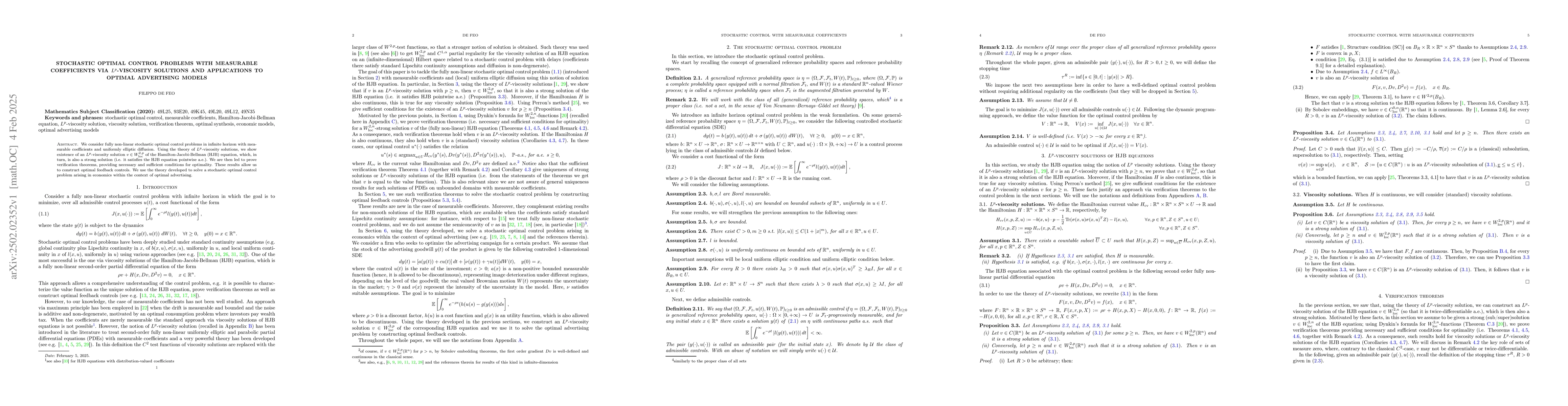 Thumbnail for Stochastic optimal control problems with measurable coefficients via
  $L^p$-viscosity solutions and applications to optimal advertising models