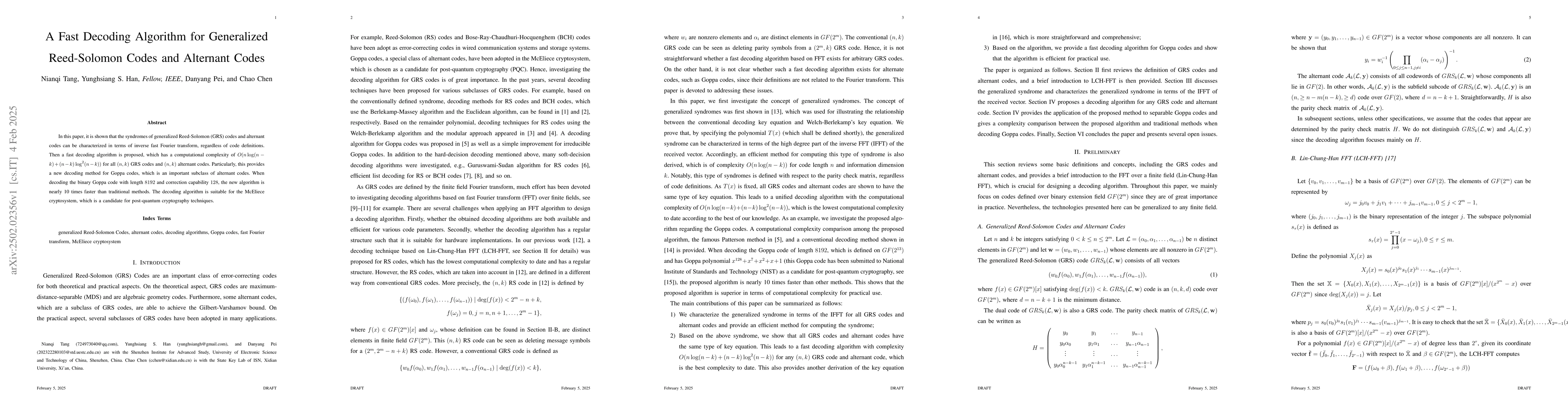 Thumbnail for A Fast Decoding Algorithm for Generalized Reed-Solomon Codes and
  Alternant Codes