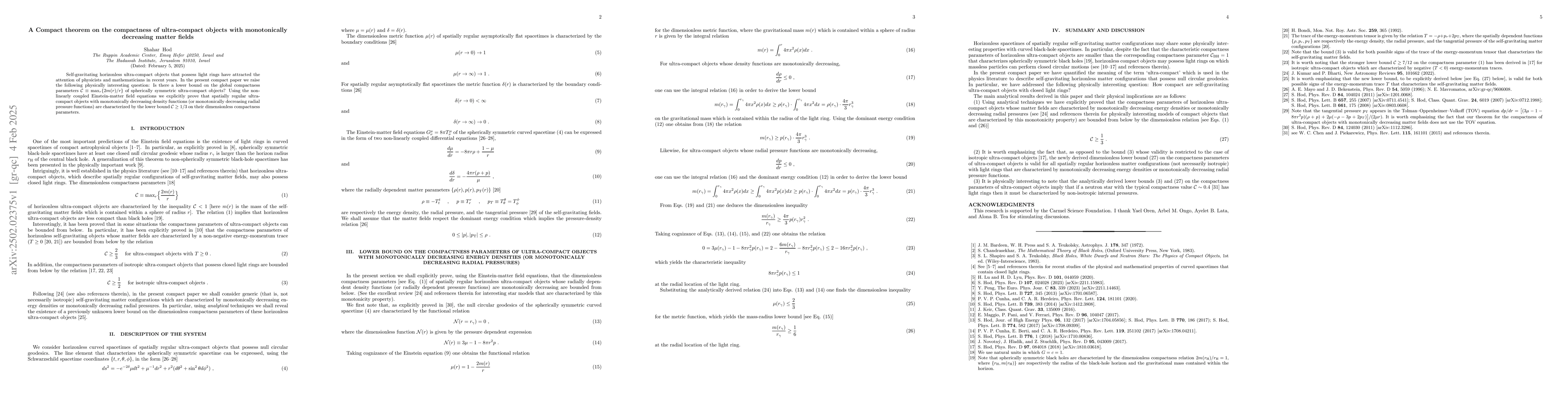 Thumbnail for A Compact theorem on the compactness of ultra-compact objects with
  monotonically decreasing matter fields