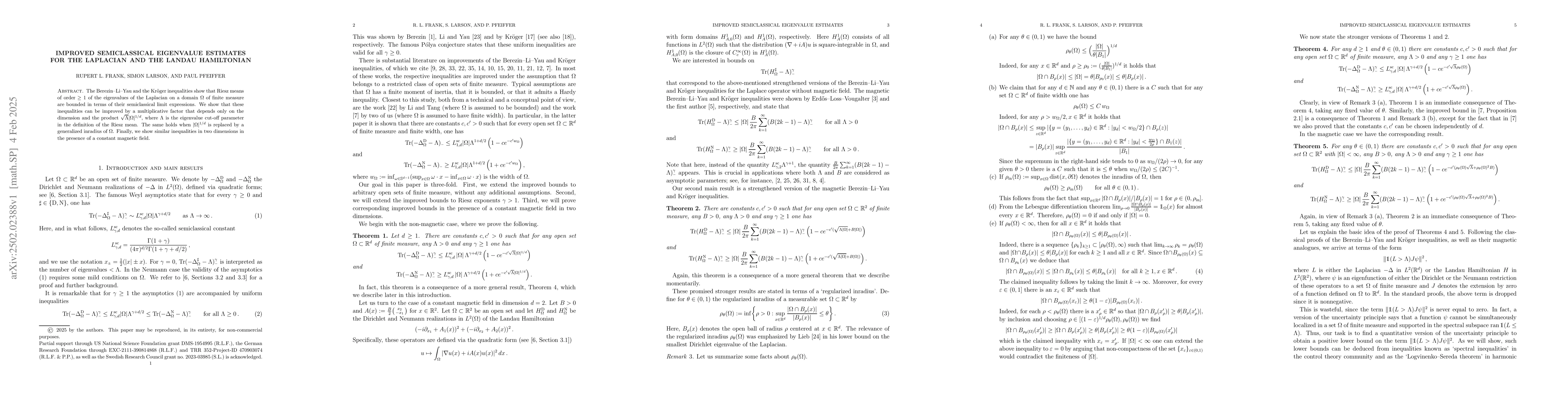 Thumbnail for Improved semiclassical eigenvalue estimates for the Laplacian and the
  Landau Hamiltonian