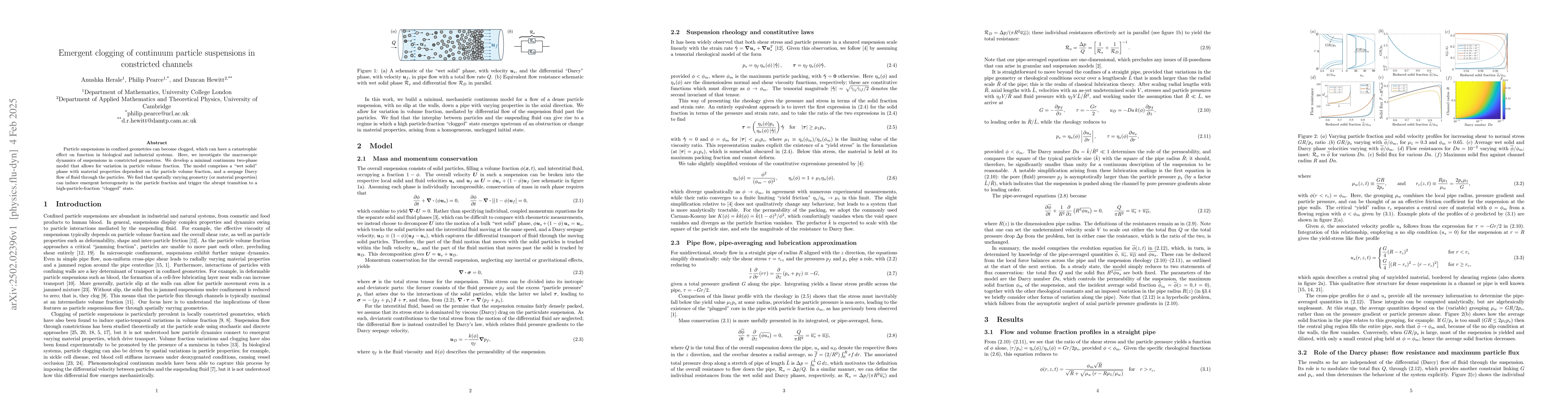 Thumbnail for Emergent clogging of continuum particle suspensions in constricted
  channels