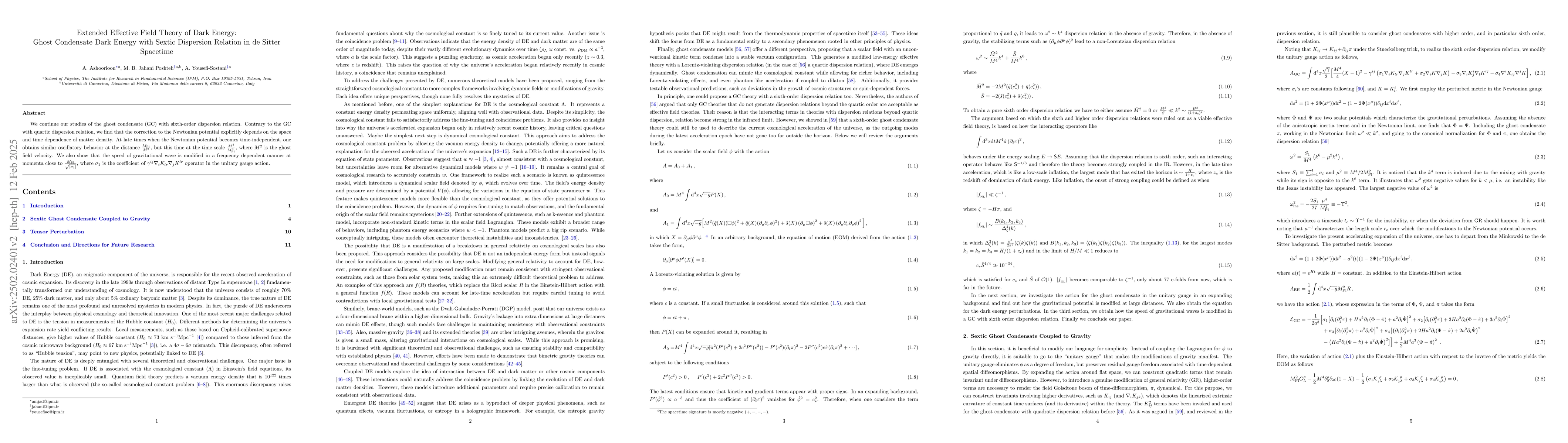 Thumbnail for Extended Effective Field Theory of Dark Energy: Ghost Condensate Dark
  Energy with Sextic Dispersion Relation in de Sitter Spacetime