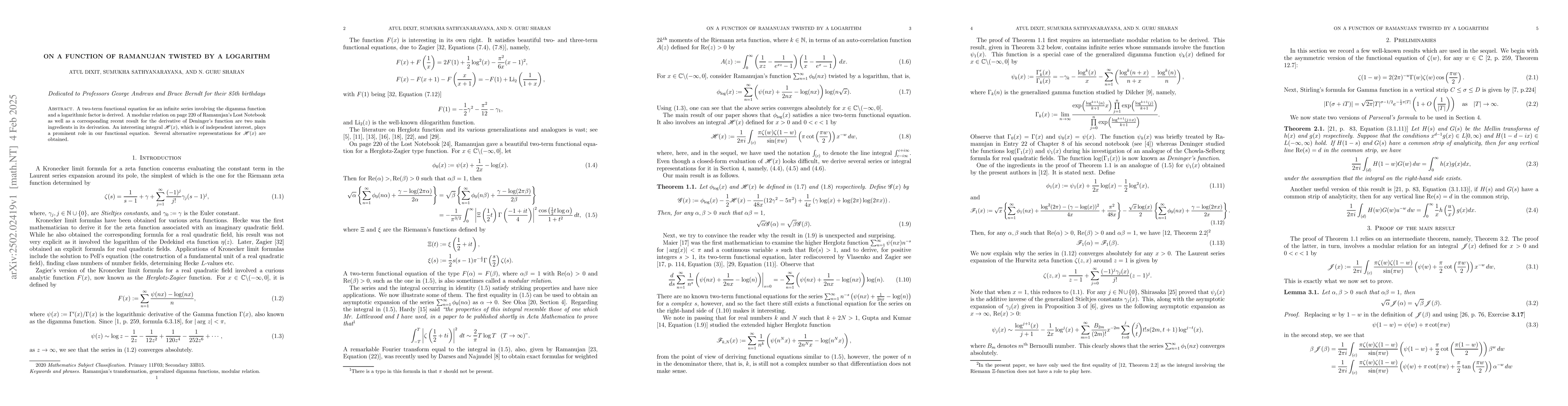 Thumbnail for On a function of Ramanujan twisted by a logarithm
