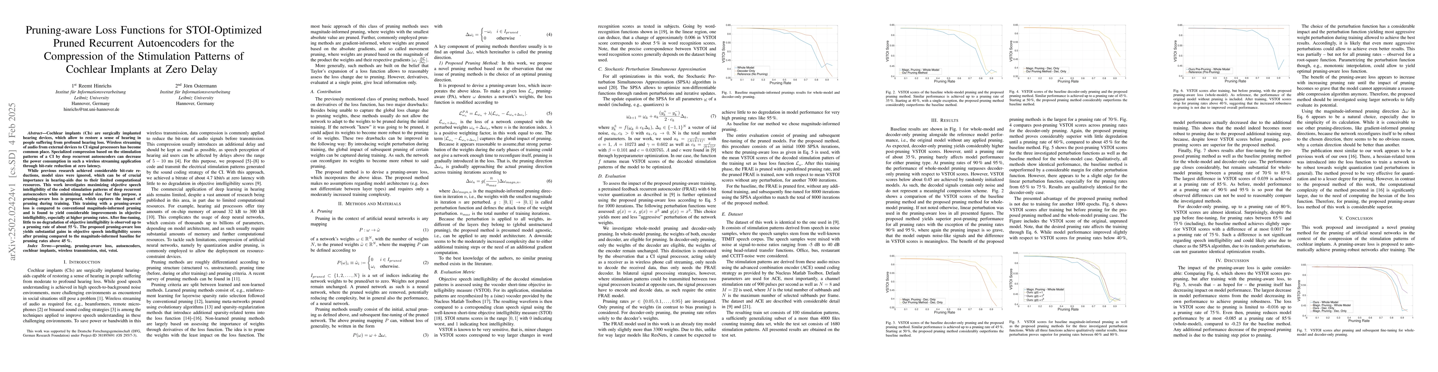 Thumbnail for Pruning-aware Loss Functions for STOI-Optimized Pruned Recurrent
  Autoencoders for the Compression of the Stimulation Patterns of Cochlear
  Implants at Zero Delay