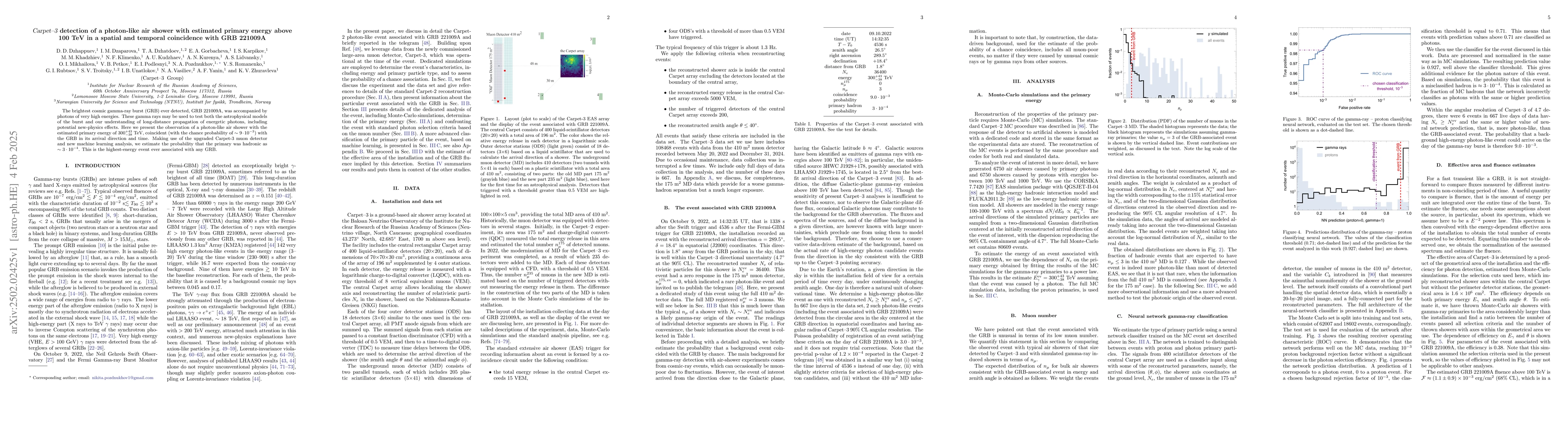 Thumbnail for Carpet-3 detection of a photon-like air shower with estimated primary
  energy above 100 TeV in a spatial and temporal coincidence with GRB 221009A
