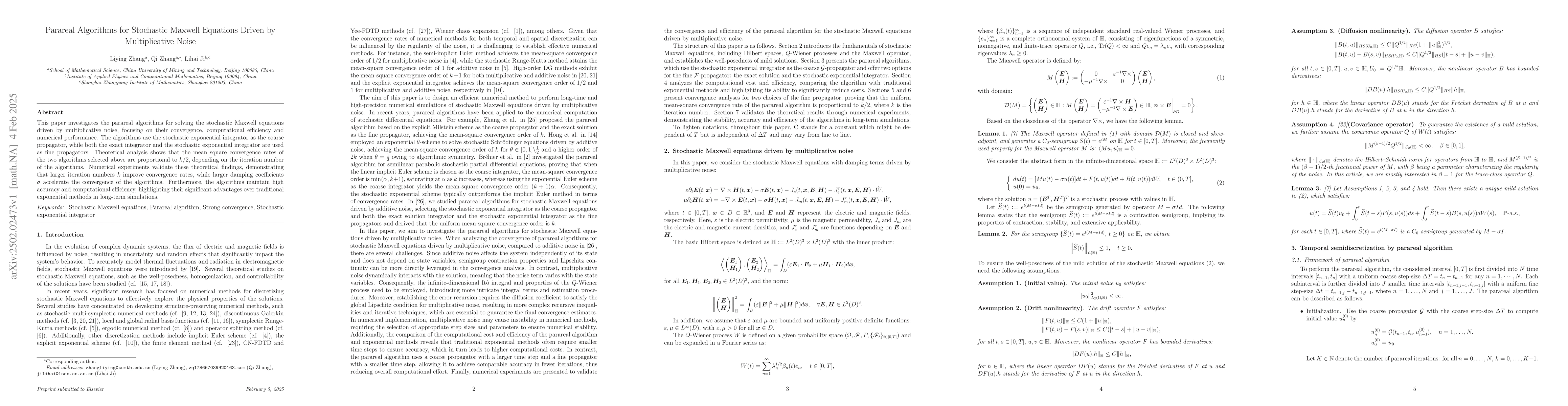 Thumbnail for Parareal Algorithms for Stochastic Maxwell Equations Driven by
  Multiplicative Noise