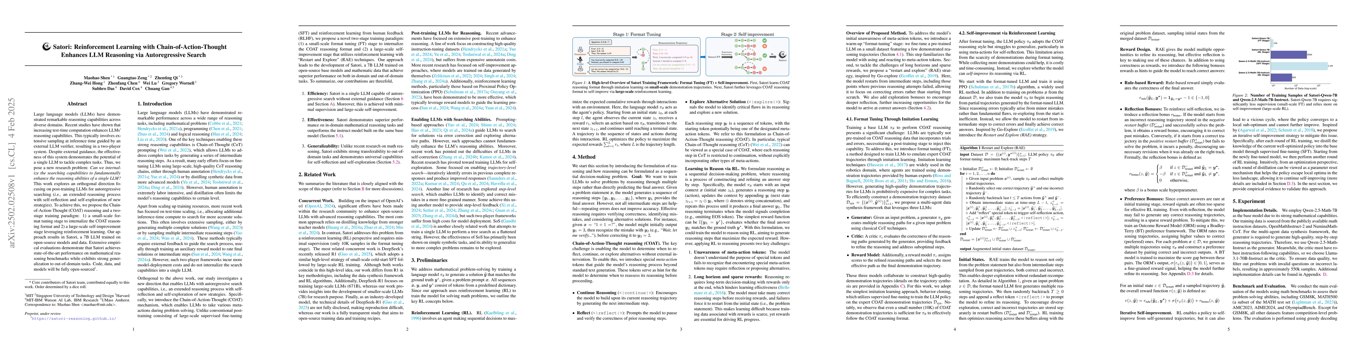 Thumbnail for Satori: Reinforcement Learning with Chain-of-Action-Thought Enhances LLM
  Reasoning via Autoregressive Search