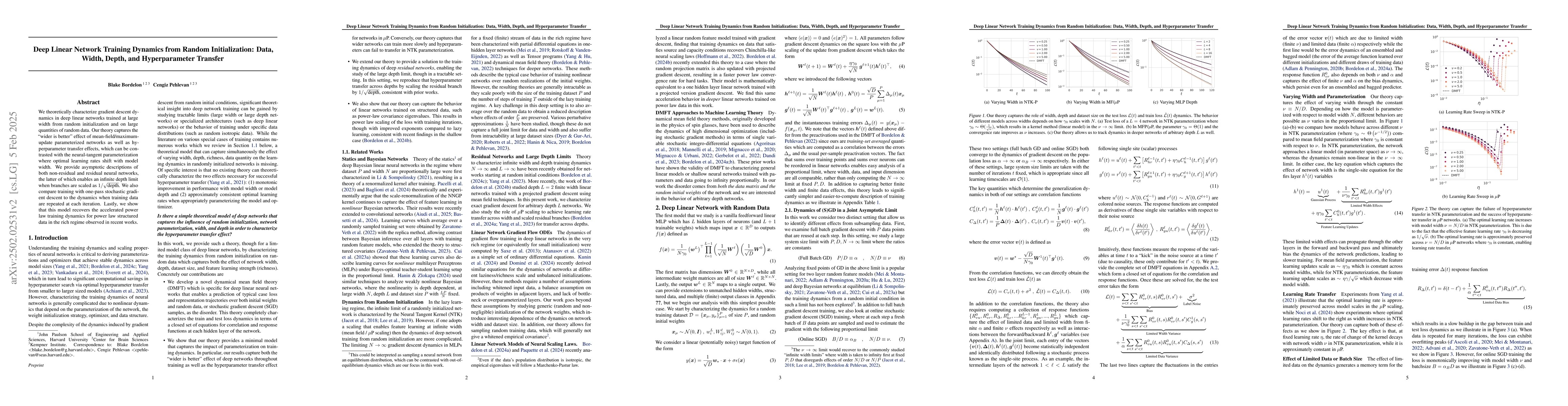 Thumbnail for Deep Linear Network Training Dynamics from Random Initialization: Data,
  Width, Depth, and Hyperparameter Transfer