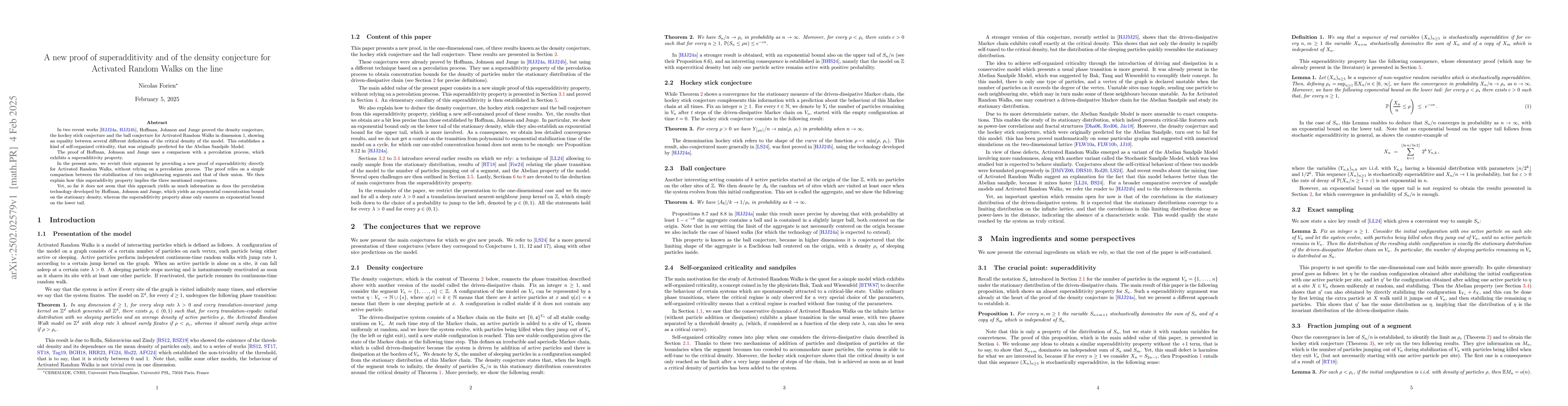 Thumbnail for A new proof of superadditivity and of the density conjecture for
  Activated Random Walks on the line