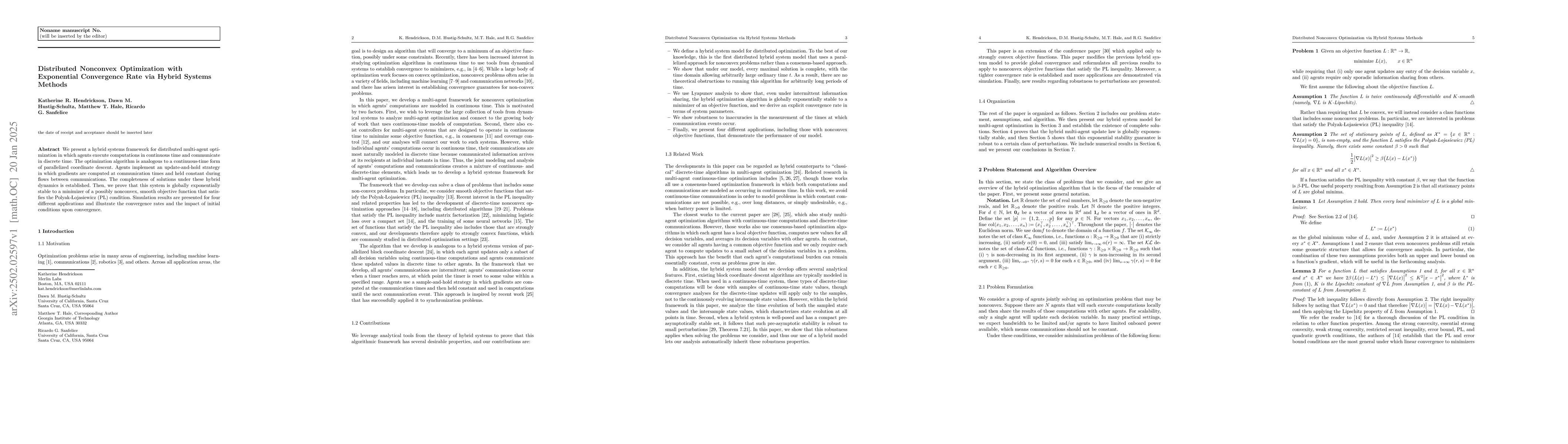 Thumbnail for Distributed Nonconvex Optimization with Exponential Convergence Rate via
  Hybrid Systems Methods