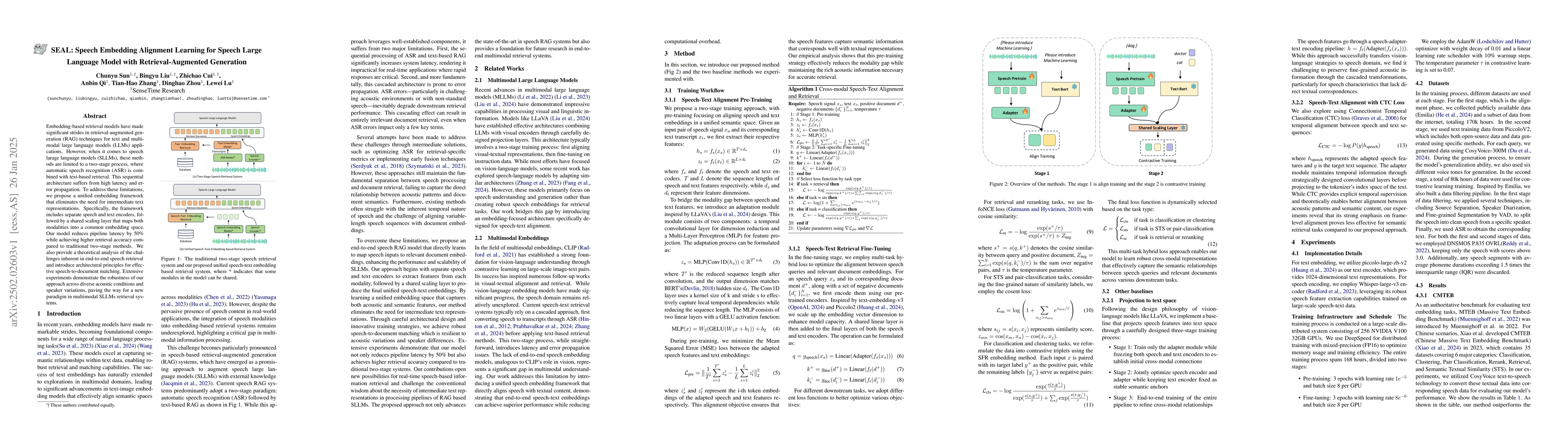 Thumbnail for SEAL: Speech Embedding Alignment Learning for Speech Large Language
  Model with Retrieval-Augmented Generation
