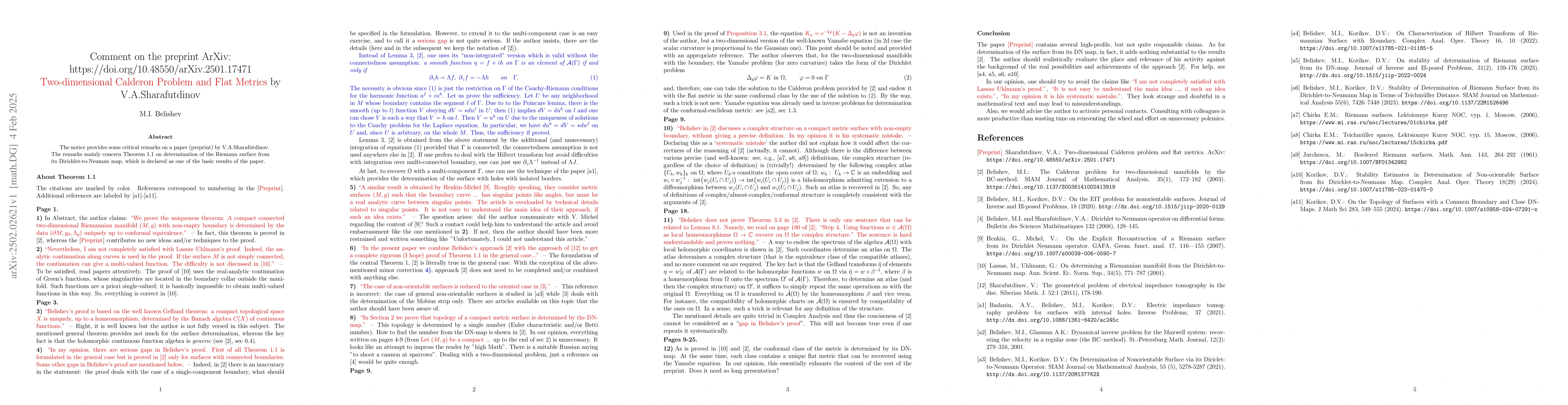 Thumbnail for Comment on the preprint arXiv:2501.17471 "Two-dimensional Calderon
  Problem and Flat Metrics" by V.A.Sharafutdinov