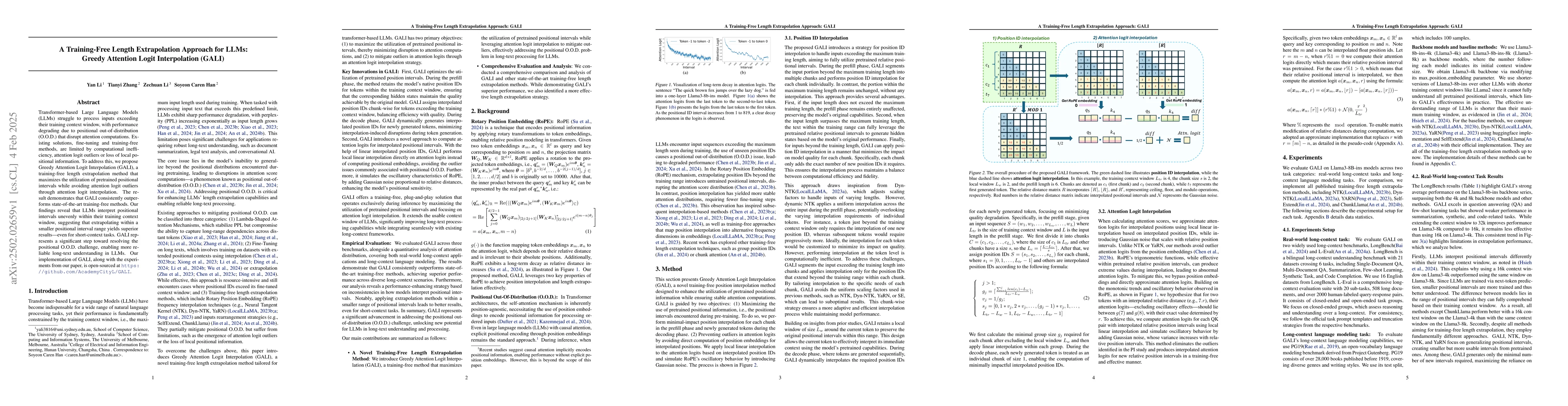 Thumbnail for A Training-Free Length Extrapolation Approach for LLMs: Greedy Attention
  Logit Interpolation (GALI)