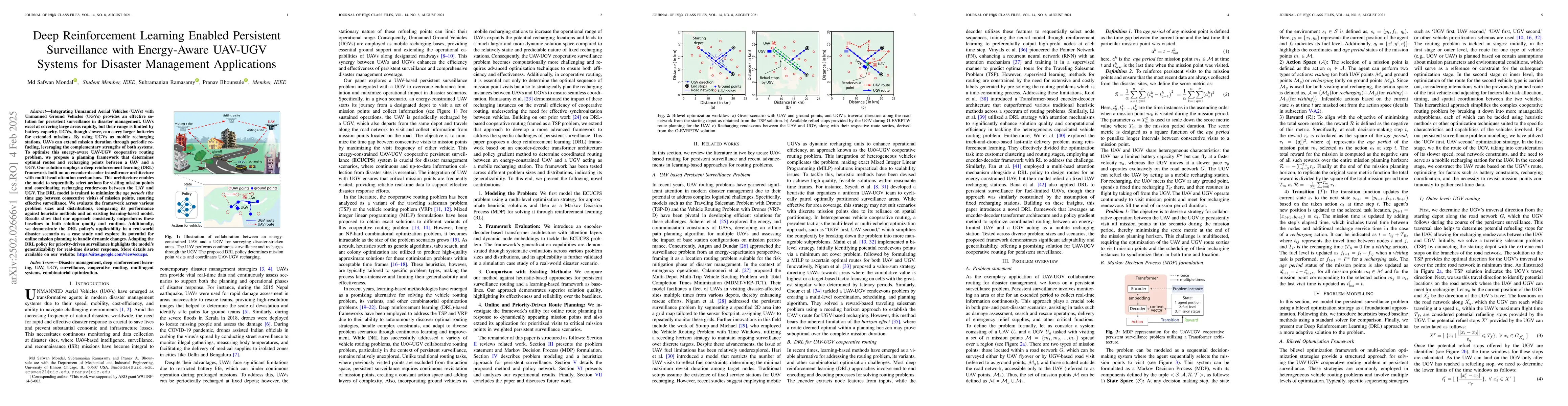 Thumbnail for Deep Reinforcement Learning Enabled Persistent Surveillance with
  Energy-Aware UAV-UGV Systems for Disaster Management Applications