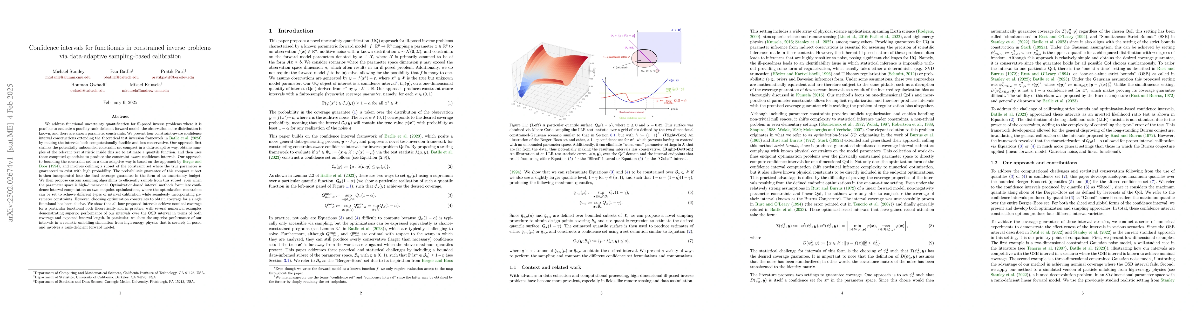 Thumbnail for Confidence intervals for functionals in constrained inverse problems via
  data-adaptive sampling-based calibration