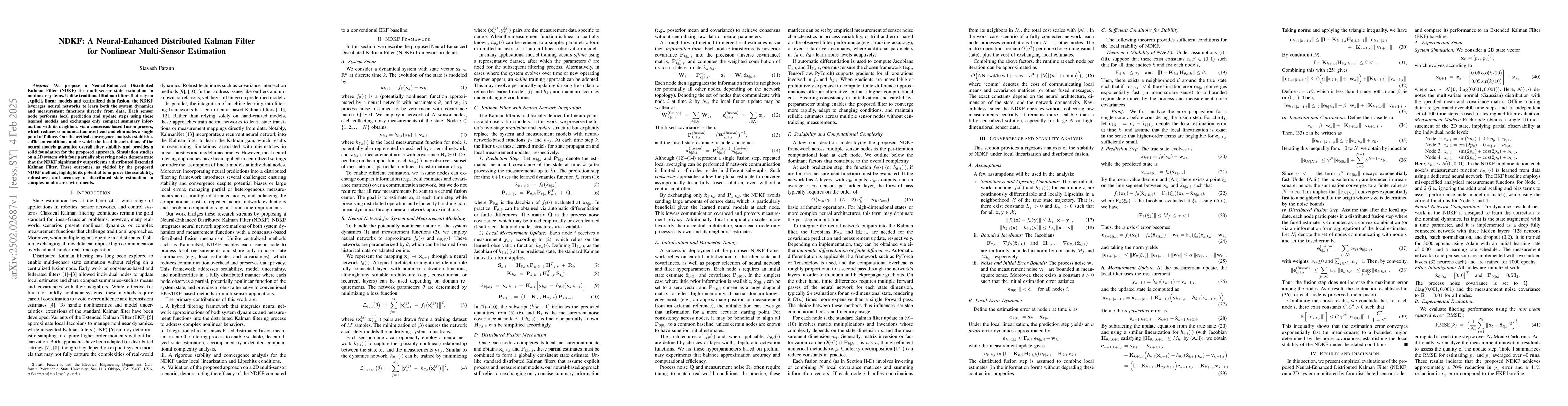 Thumbnail for NDKF: A Neural-Enhanced Distributed Kalman Filter for Nonlinear
  Multi-Sensor Estimation