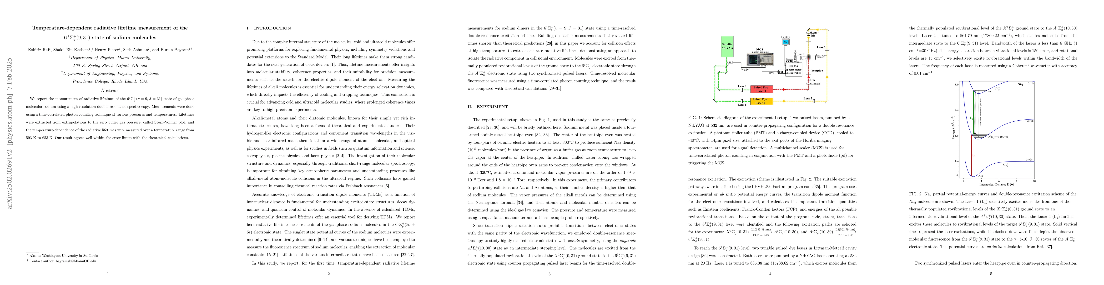 Thumbnail for Temperature-dependent radiative lifetime measurement of the
  $6^1Σ_g^+(v=9,J=31)$ state of sodium molecules