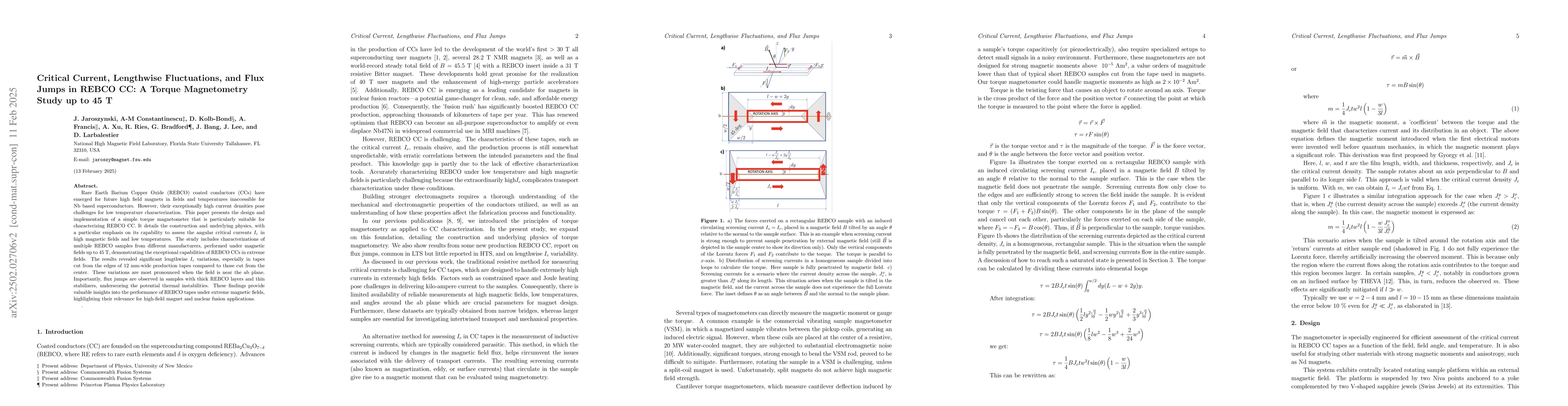 Thumbnail for Critical Current, Lengthwise Fluctuations, and Flux Jumps in REBCO CC: A
  Torque Magnetometry Study up to 45 T