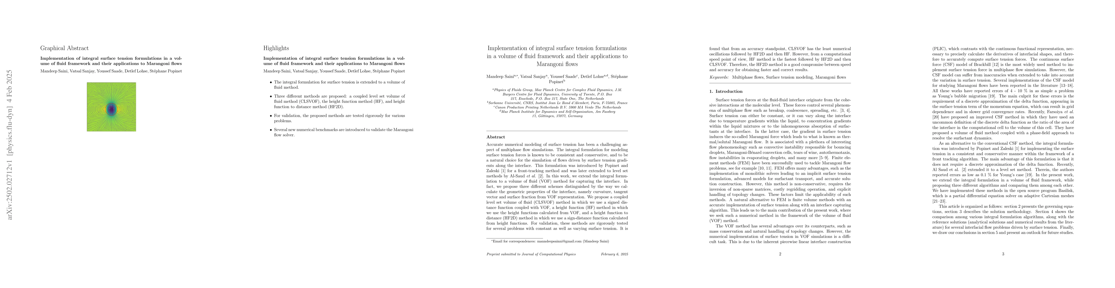 Thumbnail for Implementation of integral surface tension formulations in a volume of
  fluid framework and their applications to Marangoni flows