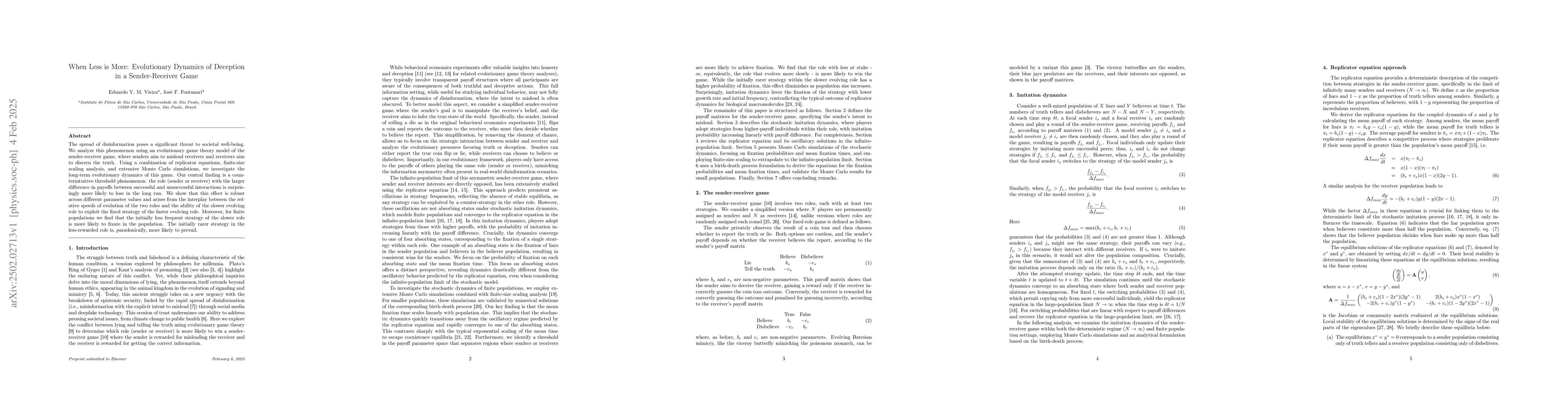 Thumbnail for When Less is More: Evolutionary Dynamics of Deception in a
  Sender-Receiver Game