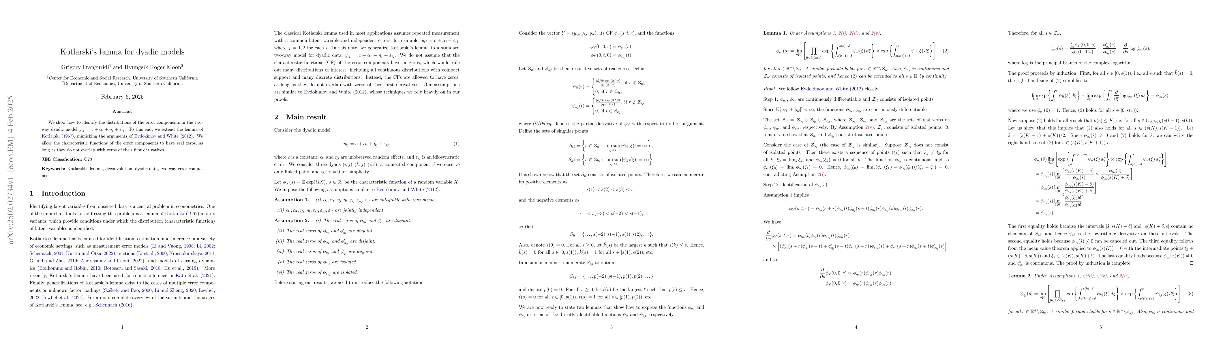 Thumbnail for Kotlarski's lemma for dyadic models