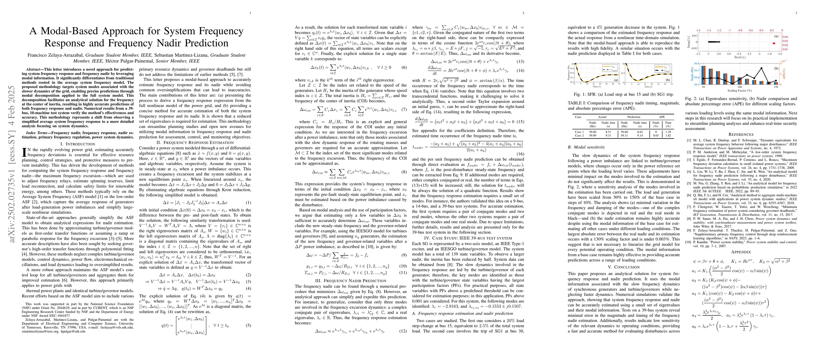 Thumbnail for A Modal-Based Approach for System Frequency Response and Frequency Nadir
  Prediction