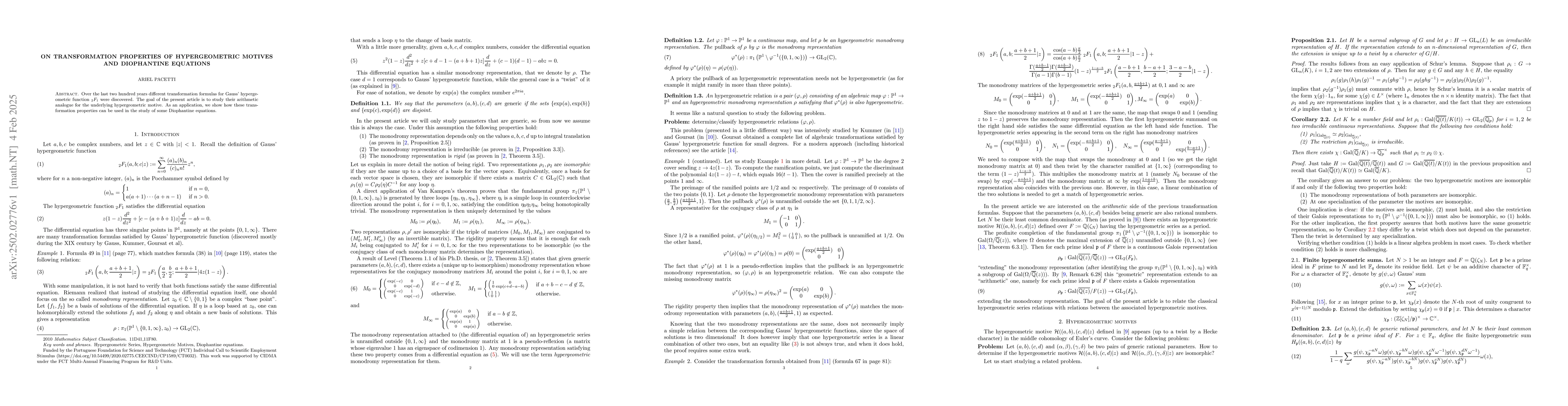 Thumbnail for On Transformation properties of hypergeometric motives and Diophantine
  equations