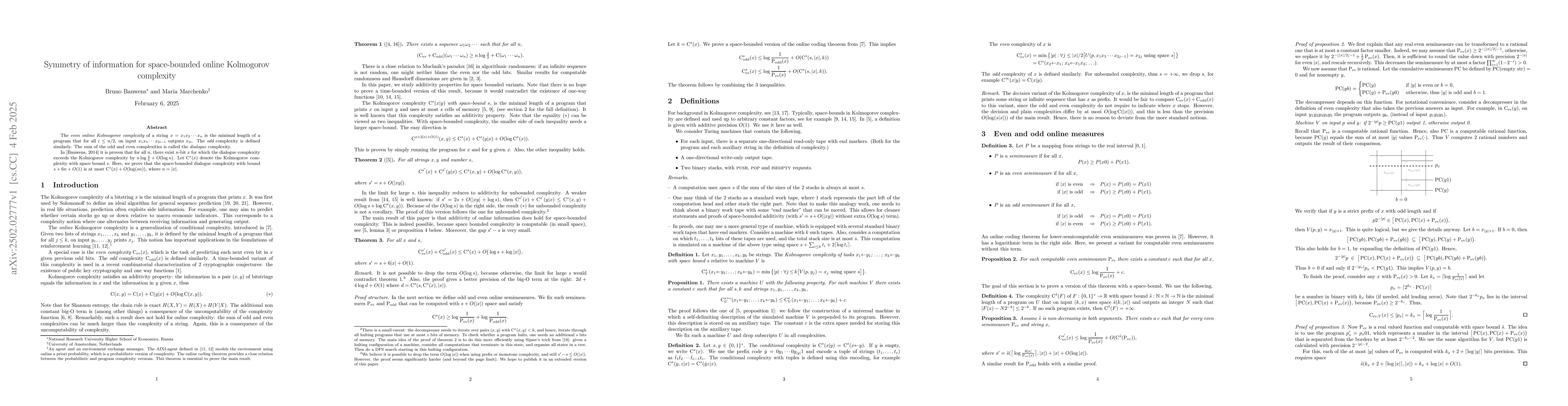 Thumbnail for Symmetry of information for space-bounded online Kolmogorov complexity