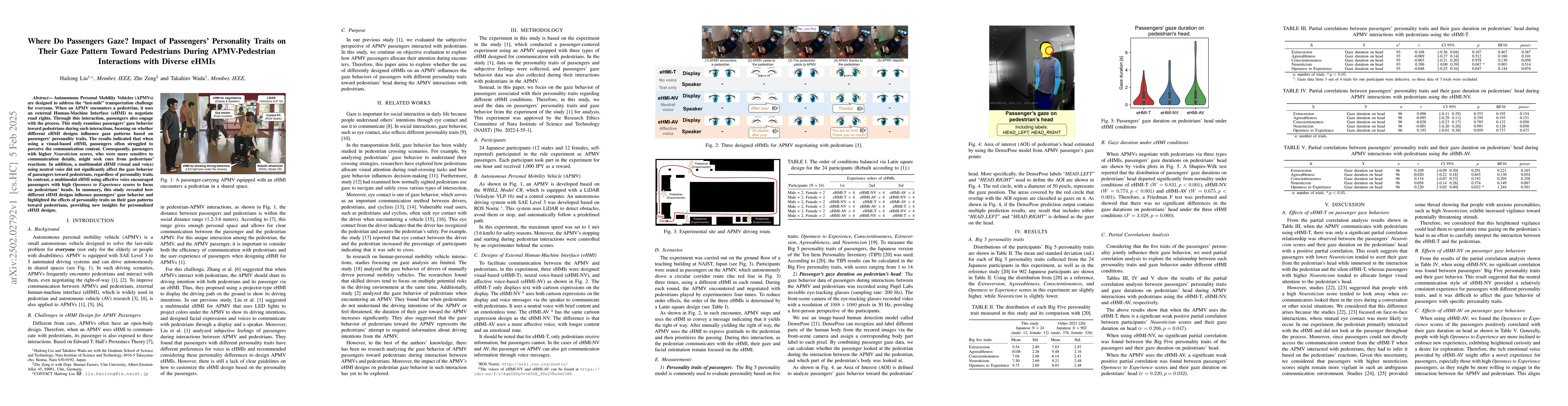 Thumbnail for Where Do Passengers Gaze? Impact of Passengers' Personality Traits on
  Their Gaze Pattern Toward Pedestrians During APMV-Pedestrian Interactions
  with Diverse eHMIs
