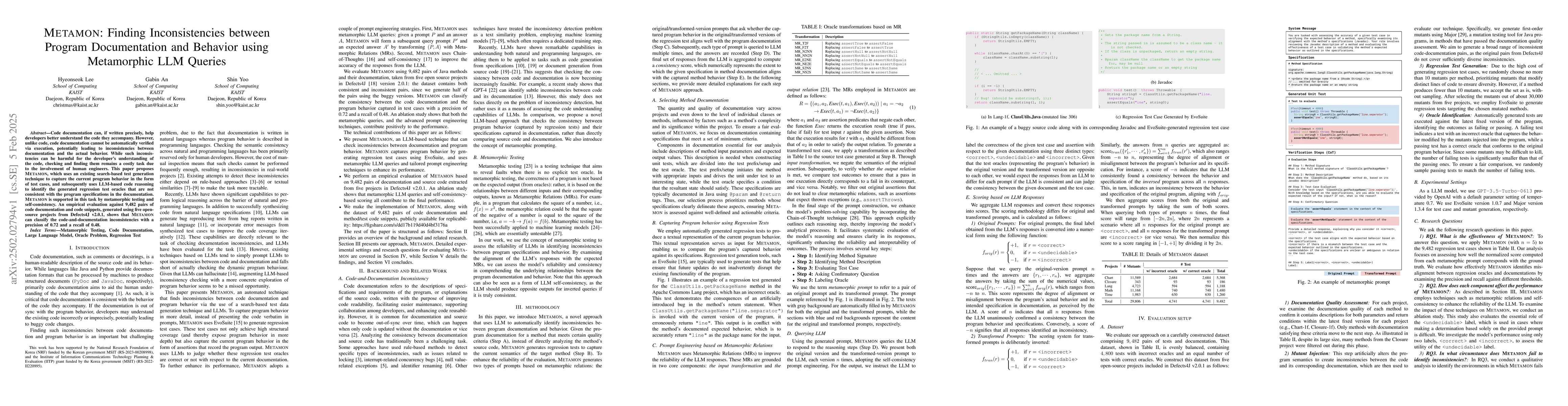Thumbnail for METAMON: Finding Inconsistencies between Program Documentation and
  Behavior using Metamorphic LLM Queries