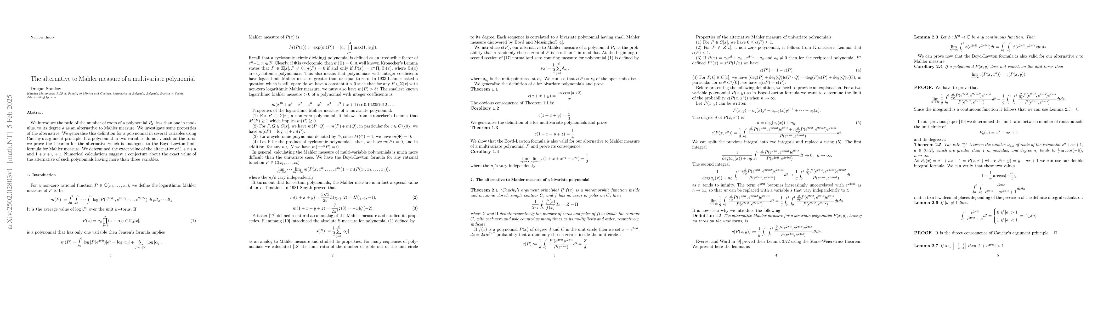 Thumbnail for The alternative to Mahler measure of a multivariate polynomial