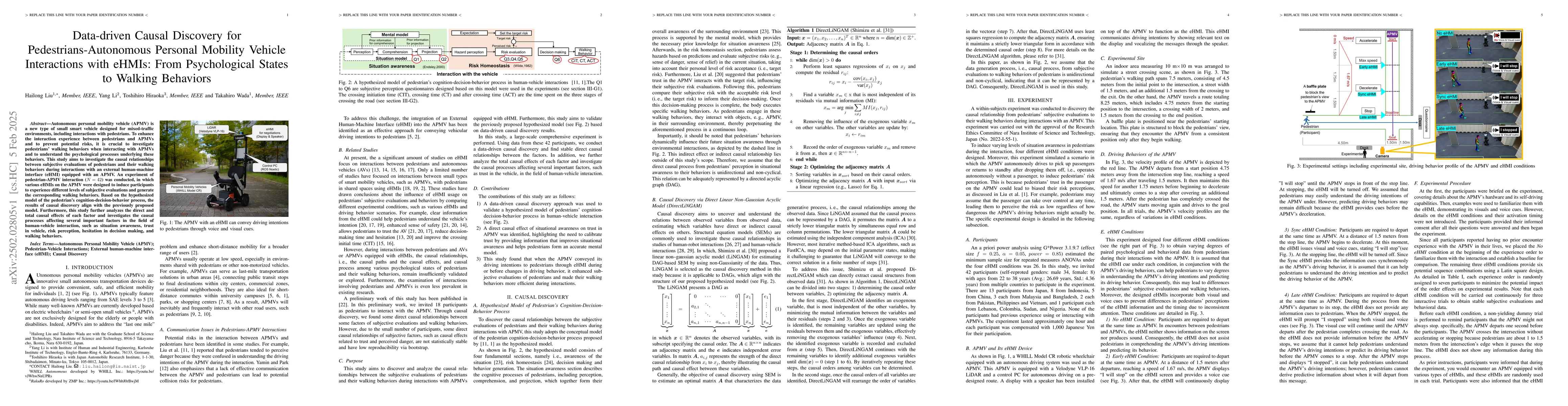 Thumbnail for Data-driven Causal Discovery for Pedestrians-Autonomous Personal
  Mobility Vehicle Interactions with eHMIs: From Psychological States to
  Walking Behaviors