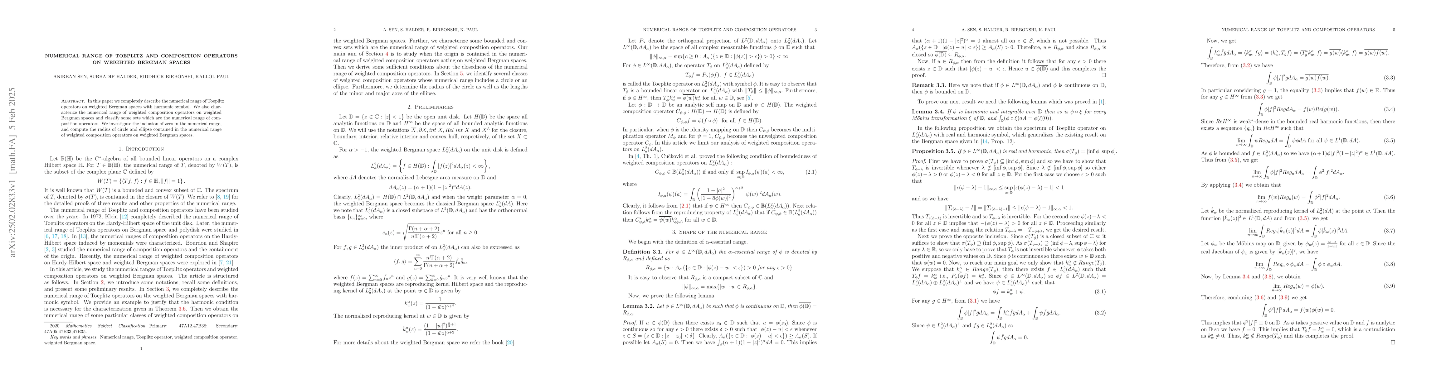 Thumbnail for Numerical range of Toeplitz and Composition operators on weighted
  Bergman spaces