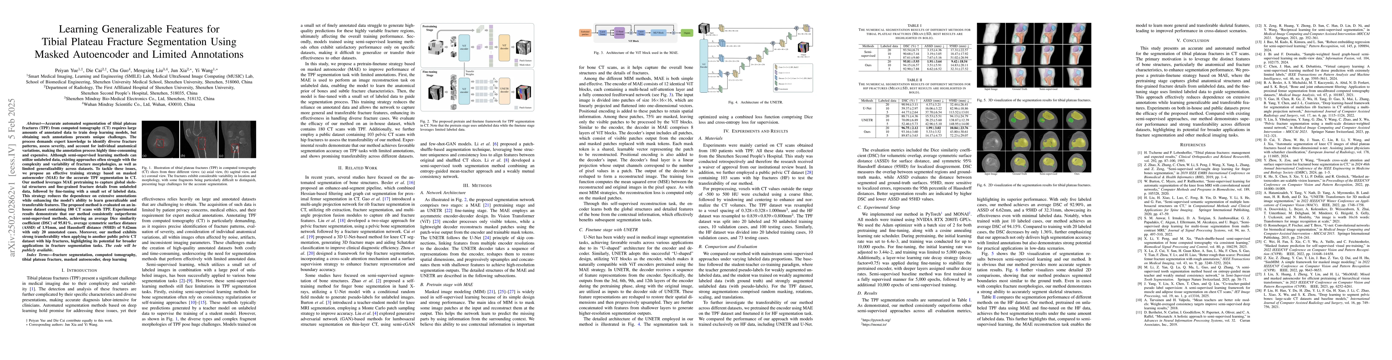 Thumbnail for Learning Generalizable Features for Tibial Plateau Fracture Segmentation
  Using Masked Autoencoder and Limited Annotations