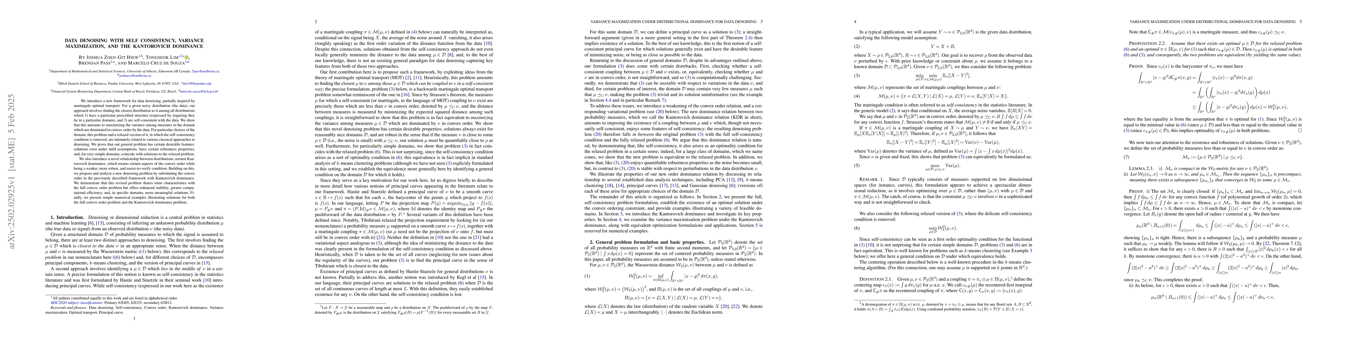 Thumbnail for Data denoising with self consistency, variance maximization, and the
  Kantorovich dominance