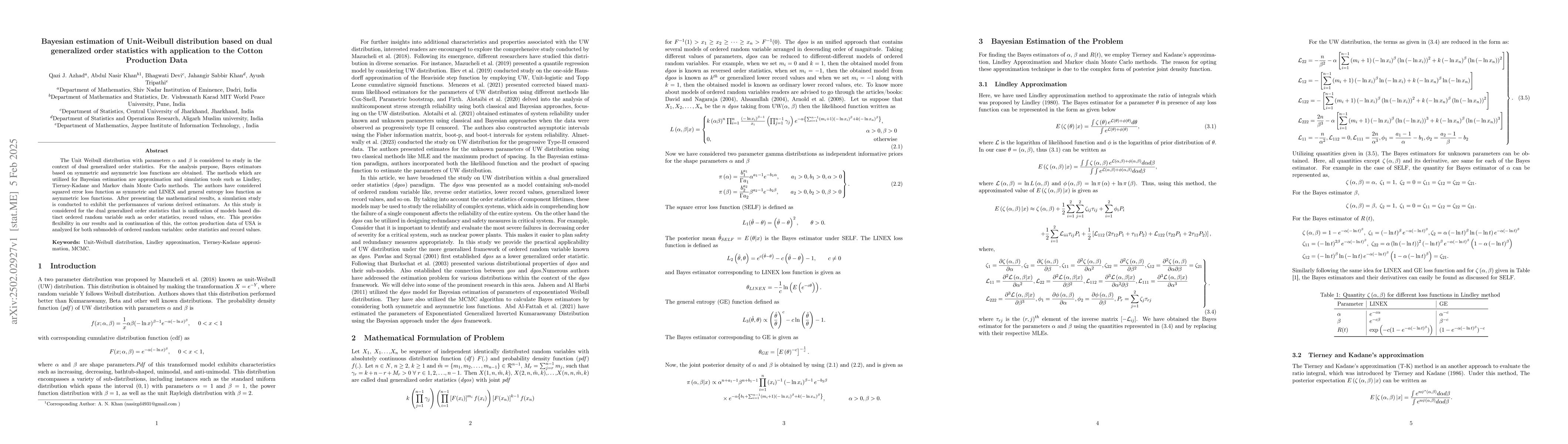 Thumbnail for Bayesian estimation of Unit-Weibull distribution based on dual
  generalized order statistics with application to the Cotton Production Data