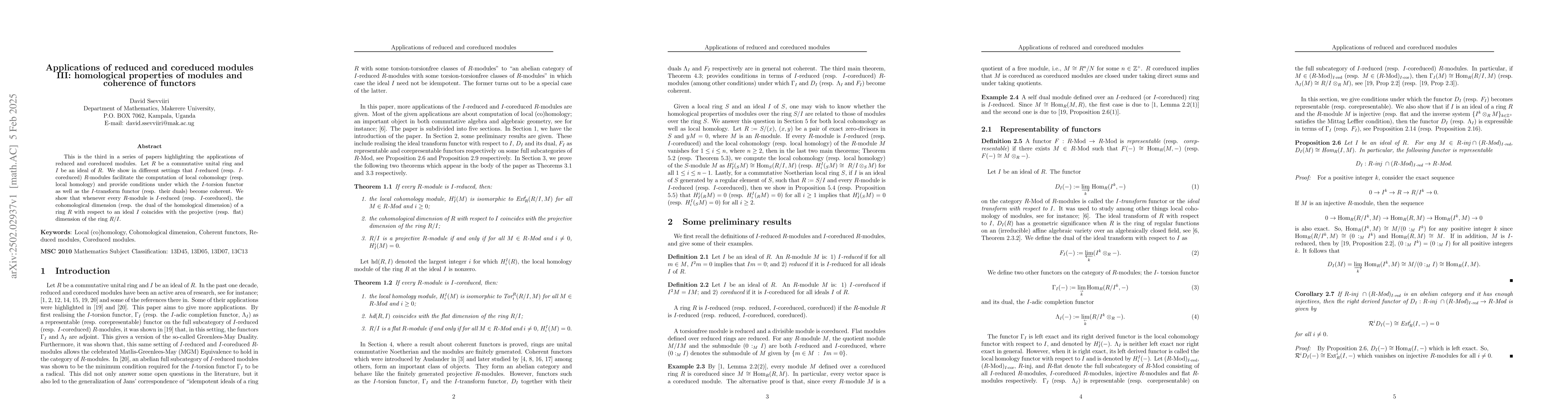 Thumbnail for Applications of reduced and coreduced modules III: homological
  properties of modules and coherence of functors