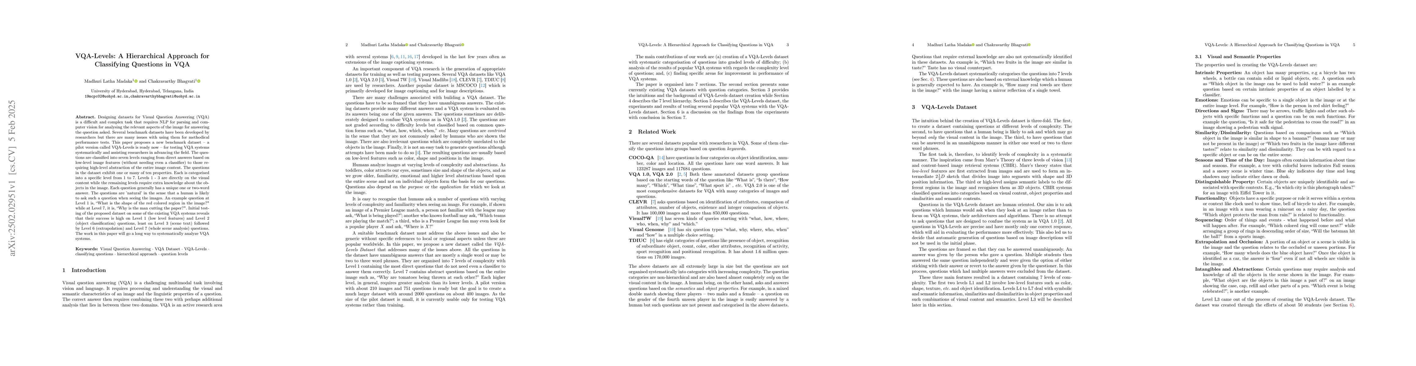 Thumbnail for VQA-Levels: A Hierarchical Approach for Classifying Questions in VQA