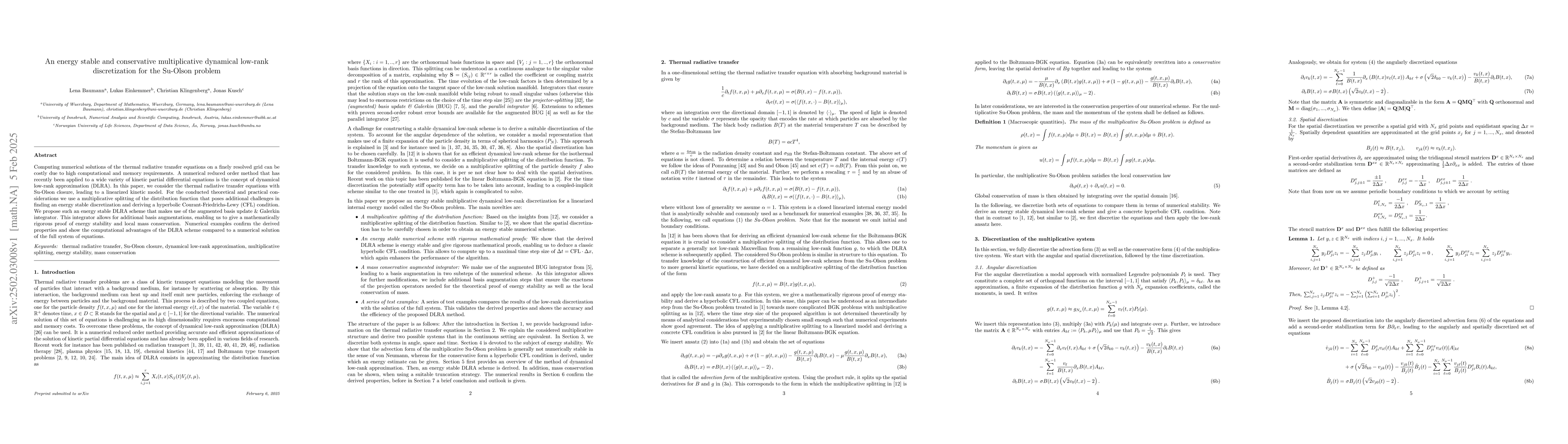Thumbnail for An energy stable and conservative multiplicative dynamical low-rank
  discretization for the Su-Olson problem