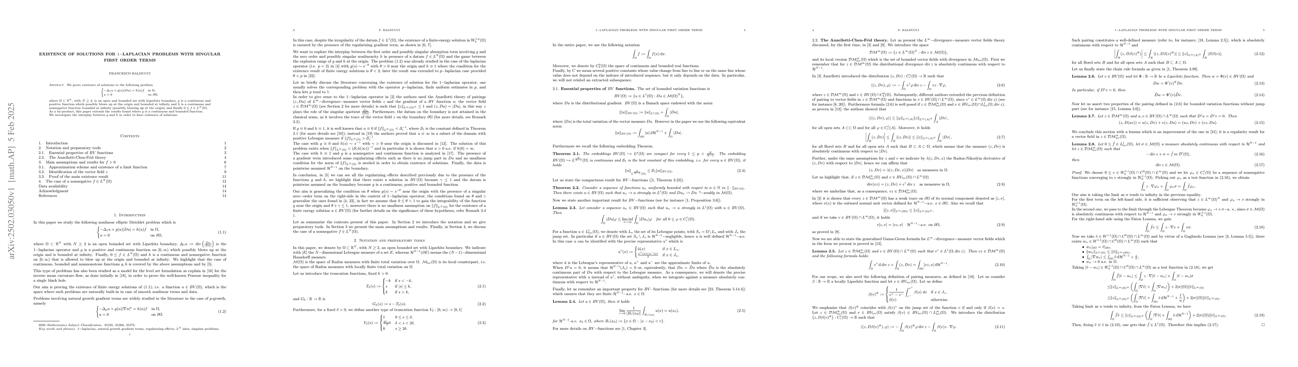 Thumbnail for Existence of solutions for $1-$laplacian problems with singular first
  order terms