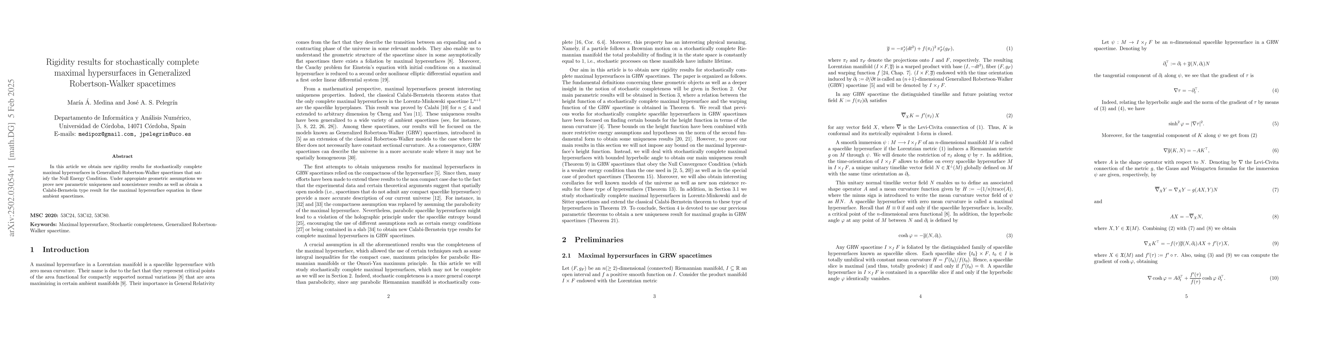 Thumbnail for Rigidity results for stochastically complete maximal hypersurfaces in
  Generalized Robertson-Walker spacetimes