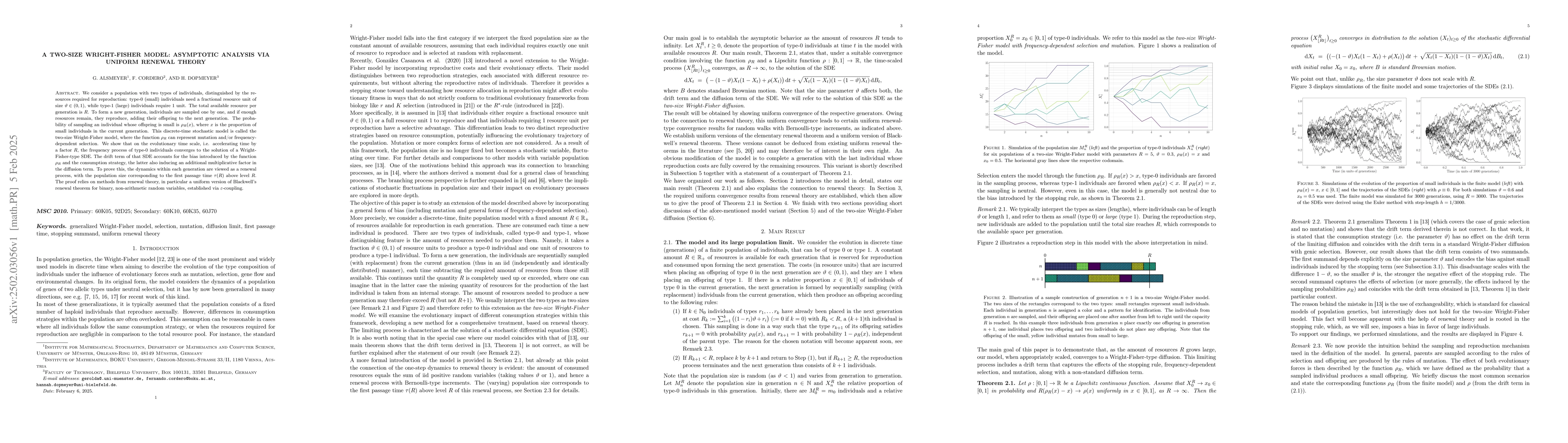 Thumbnail for A two-size Wright-Fisher Model: asymptotic Analysis via Uniform Renewal
  Theory