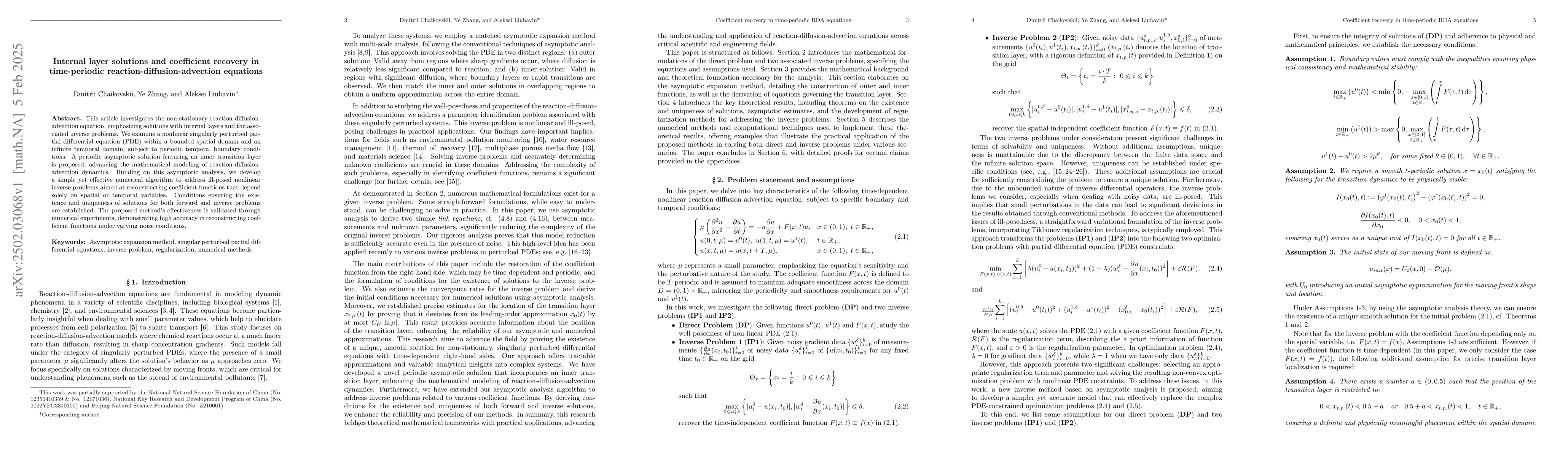 Thumbnail for Internal layer solutions and coefficient recovery in time-periodic
  reaction-diffusion-advection equations