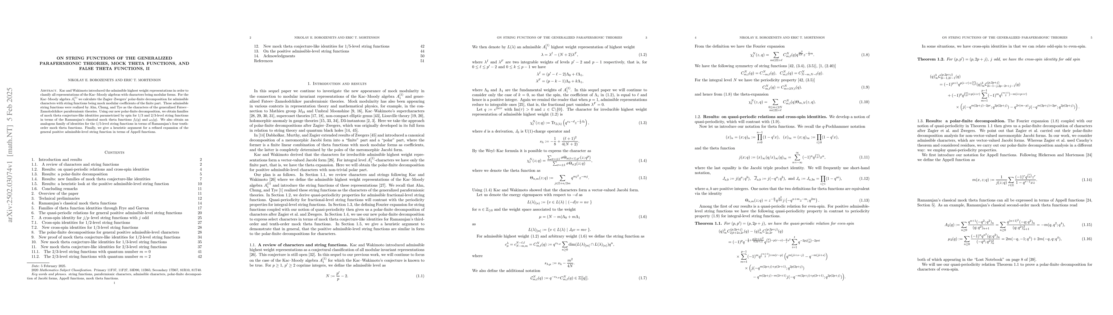 Thumbnail for On string functions of the generalized parafermionic theories, mock
  theta functions, and false theta functions, II