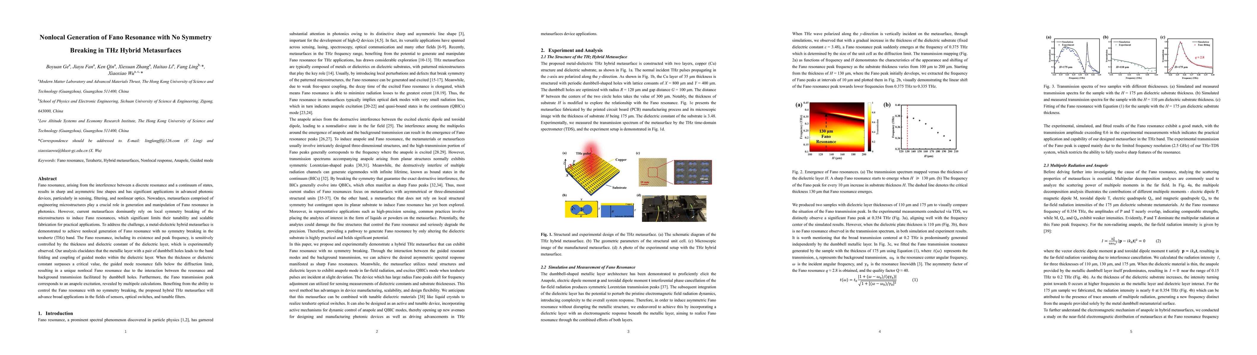 Thumbnail for Nonlocal Generation of Fano Resonance with No Symmetry Breaking in THz
  Hybrid Metasurfaces