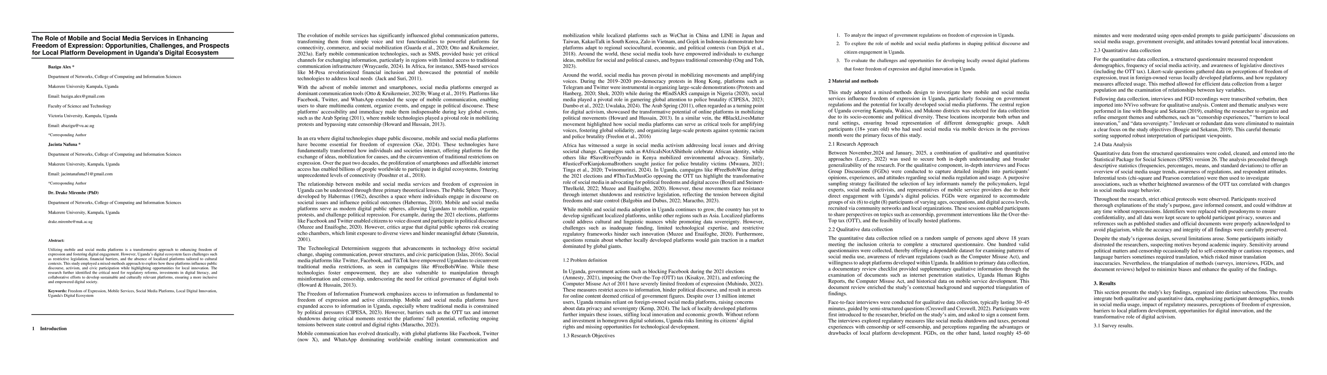 Thumbnail for The Role of Mobile and Social Media Services in Enhancing Freedom of
  Expression: Opportunities, Challenges, and Prospects for Local Platform
  Development in Uganda's Digital Ecosystem