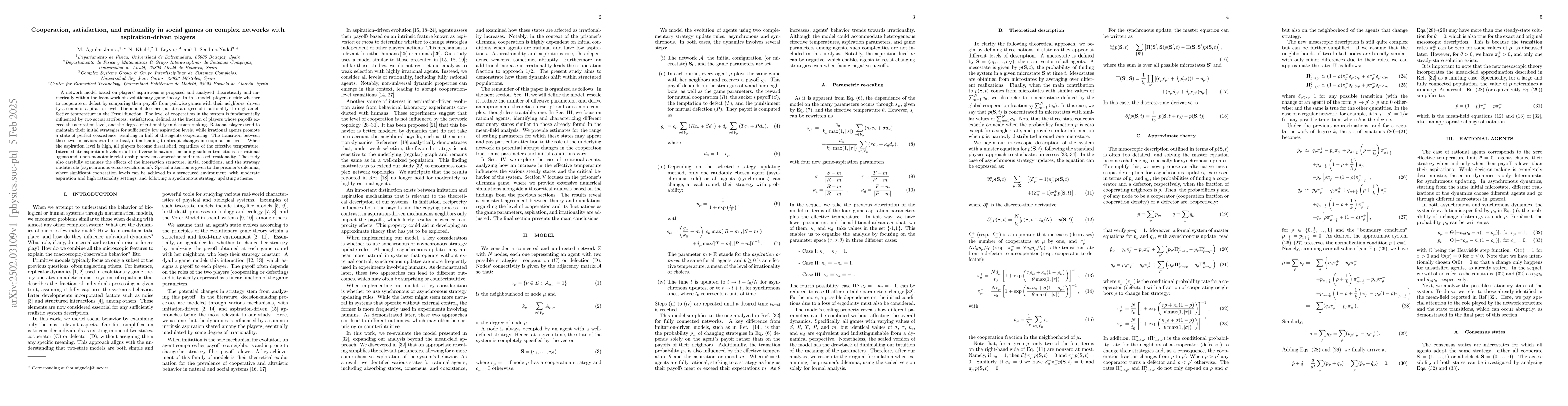 Thumbnail for Cooperation, satisfaction, and rationality in social games on complex
  networks with aspiration-driven players