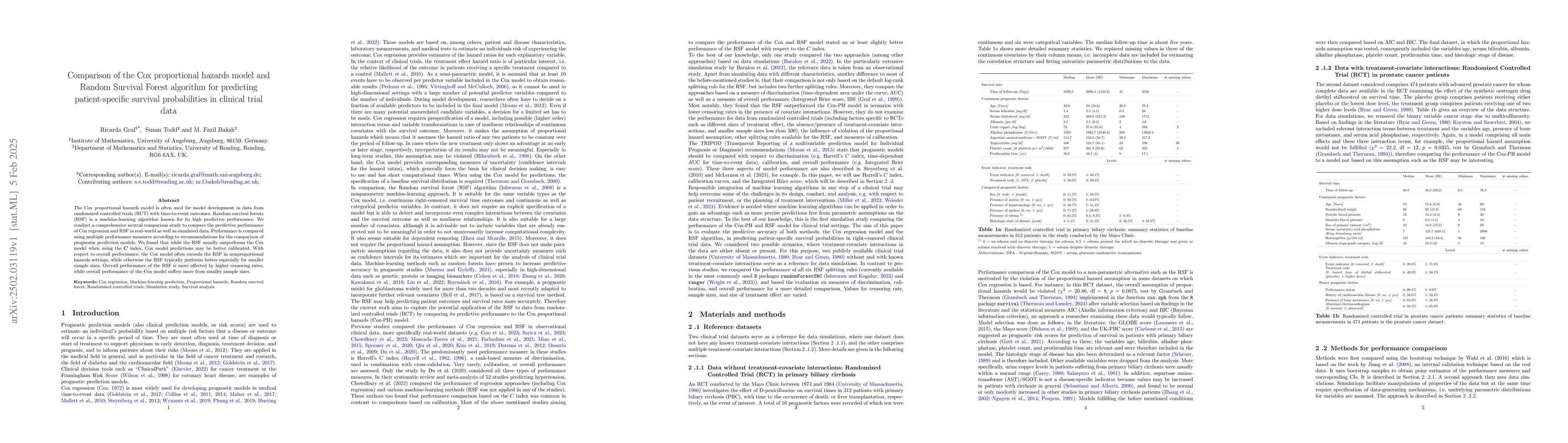Thumbnail for Comparison of the Cox proportional hazards model and Random Survival
  Forest algorithm for predicting patient-specific survival probabilities in
  clinical trial data